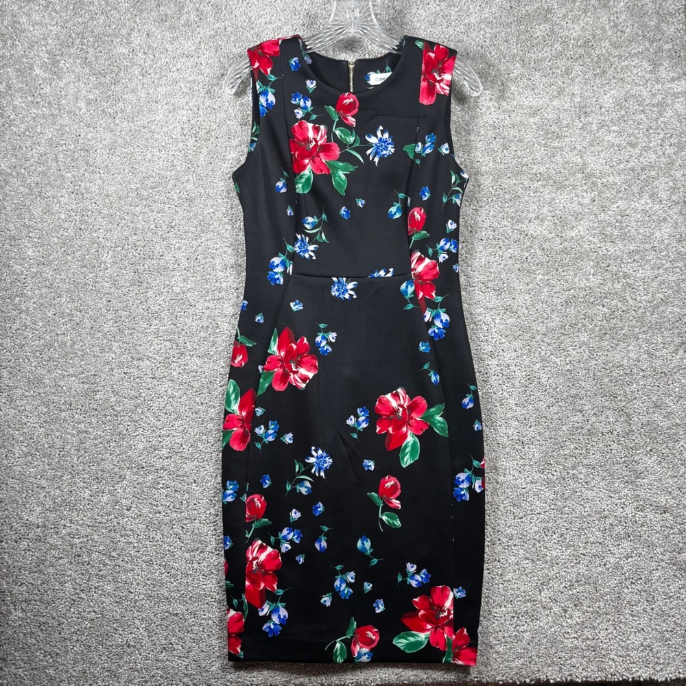 Calvin Klein Womens Black Floral Scuba Sheath Dress Size 6 Sleeveless Zip